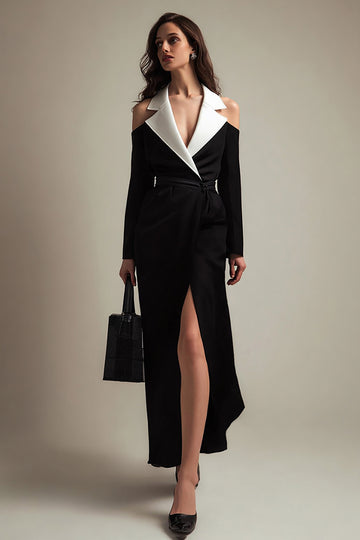 Notched Lapel Sheath Black and White Work Dress With Slit